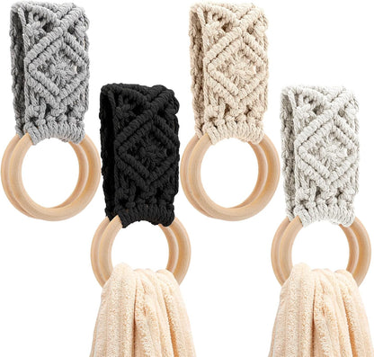 Tioncy 4 Pcs Kitchen Dish Towel Holder Gifts Boho Handmade Crochet Hanging Towels Loop Ring Knit Towel Hanger for Cabinet House Oven Stove Door, 4 Colors(Brown)
