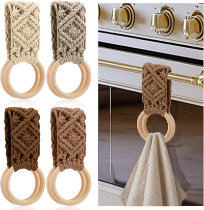 Tioncy 4 Pcs Kitchen Dish Towel Holder Gifts Boho Handmade Crochet Hanging Towels Loop Ring Knit Towel Hanger for Cabinet House Oven Stove Door, 4 Colors(Brown)