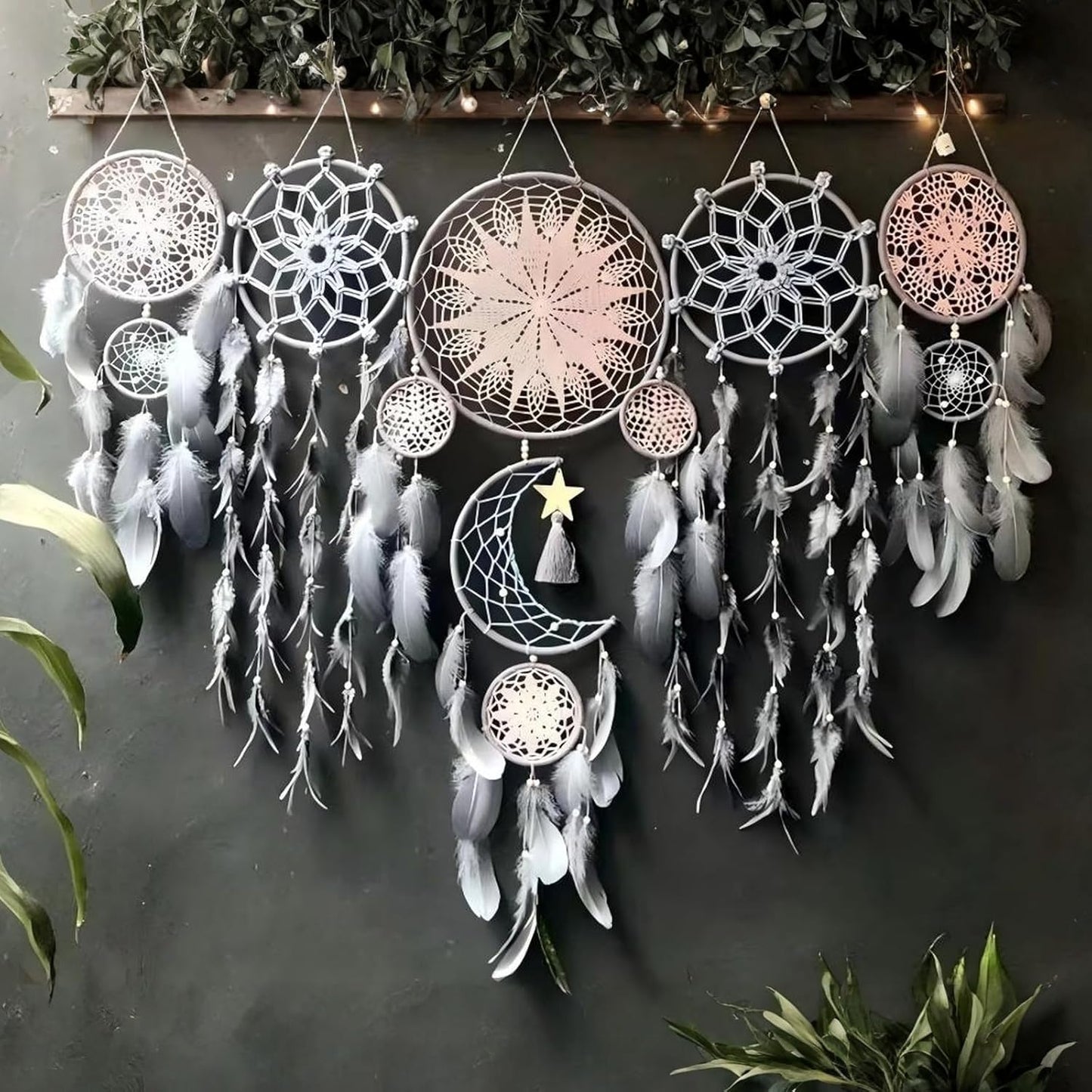 5 Pack Moon Phase Dreamcatcher Set Boho Wall Decor, Boho Macrame Wall Hanging Dream Catchers, for Home, Bedroom, Living Room, Witchy Gifts (Camel)