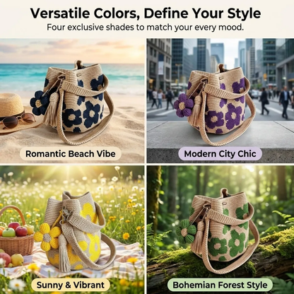 Handmade Woven Handbags with Flower Charm, Crochet Bucket Bag for Women, Casual Knit Shoulder Purse for Daily Use, Travel, Beach