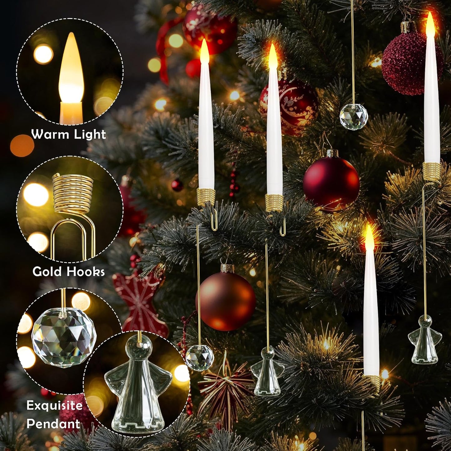 Christmas Tree Candles, 10 Pack Flameless Taper Candles for Christmas Tree Decor, Fake LED Candle Battery Operated with Remote for Xmas Wedding Home Gift with Crystal Ball Hook