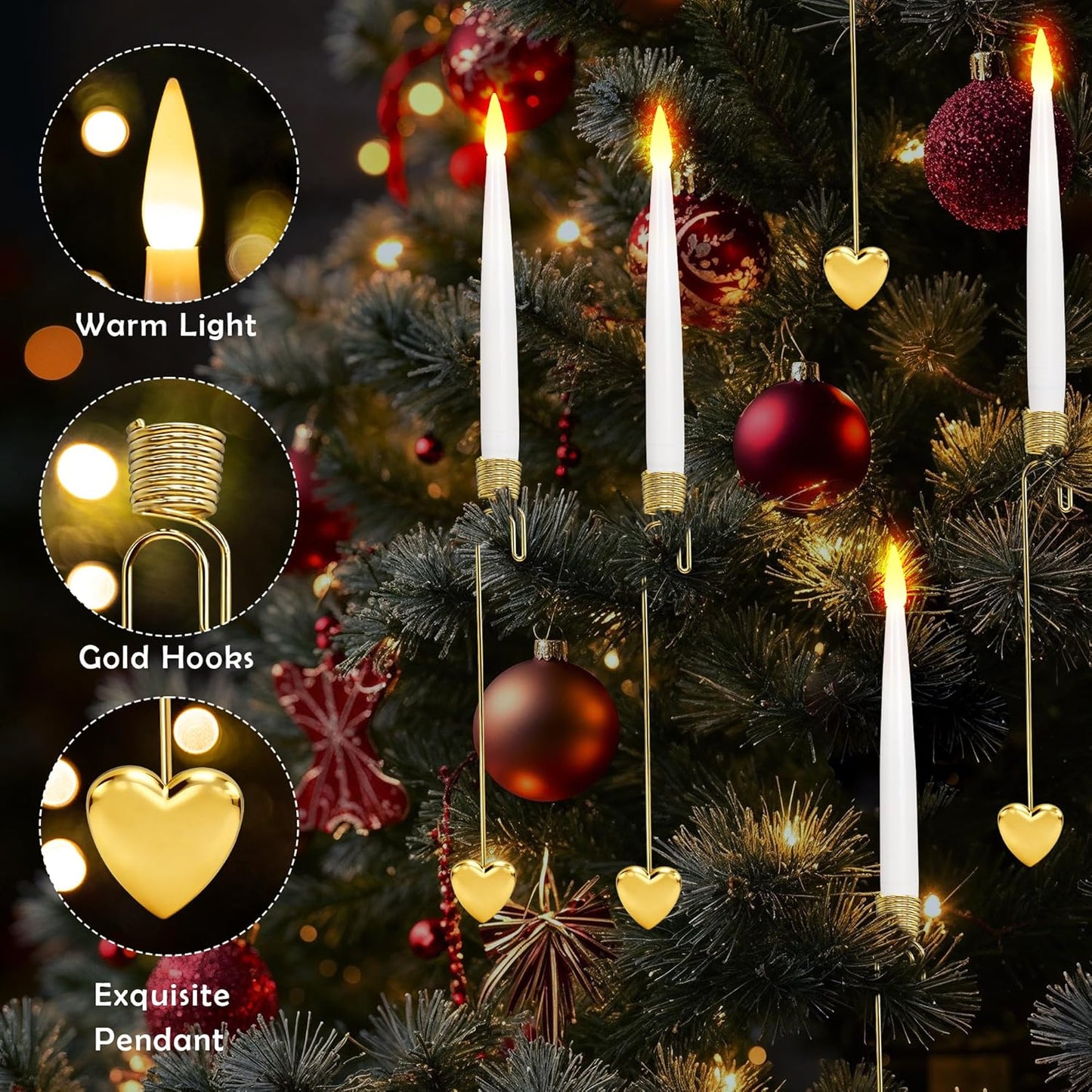 Christmas Tree Candles, 10 Pack Flameless Taper Candles for Christmas Tree Decor, Fake LED Candle Battery Operated with Remote for Xmas Wedding Home Gift with Crystal Ball Hook