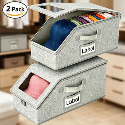 2 Pack Baseball Hat Storage Box,Hats Organizer for Baseball Caps,16.1''L x 8.6''W x 6.7''H Baseball Cap Boxes with Clear Window & Cardboard,Holds Up to 24 Caps for Women & Men,Grey