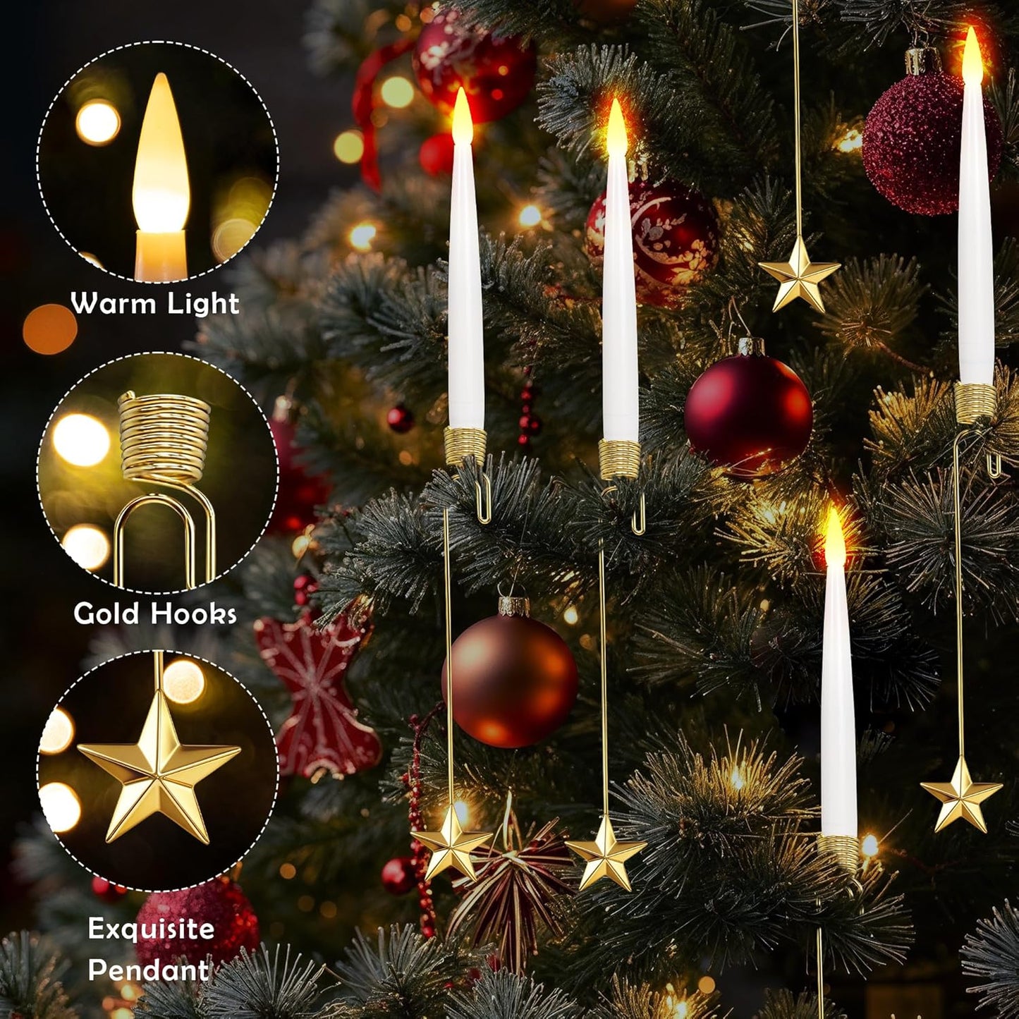 Christmas Tree Candles, 10 Pack Flameless Taper Candles for Christmas Tree Decor, Fake LED Candle Battery Operated with Remote for Xmas Wedding Home Gift with Crystal Ball Hook