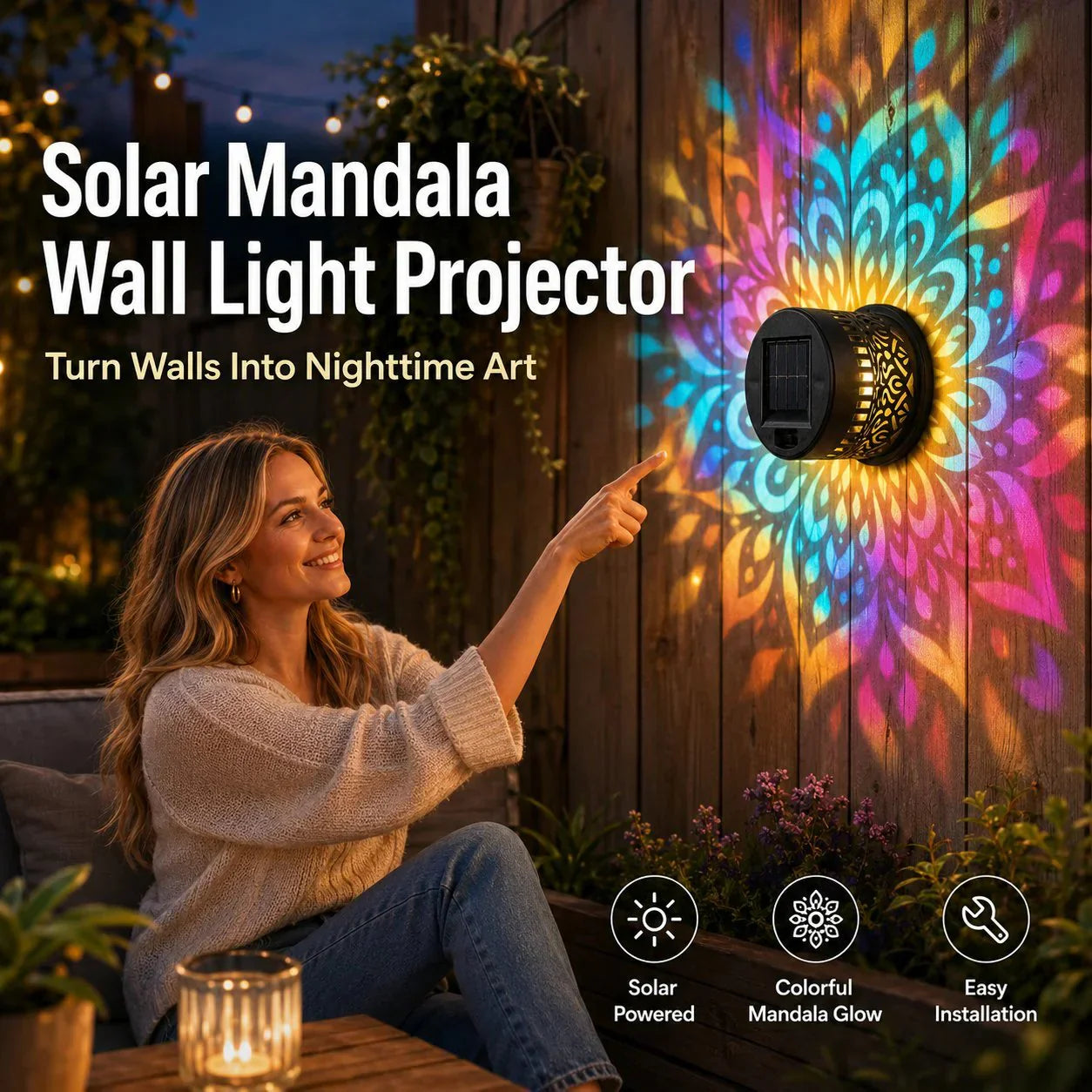 🌞 Buy 1 Get 1 FREE! Solar Mandala Wall Light – Outdoor Garden Projector Lamp for Patio & Fence ✨
