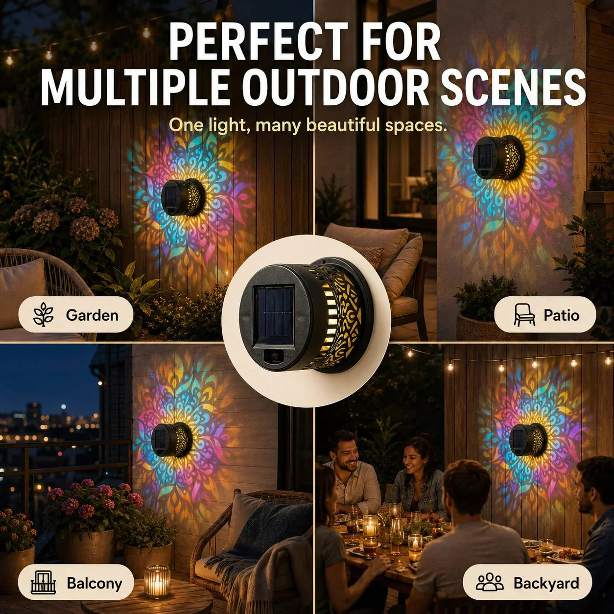 🌞 Buy 1 Get 1 FREE! Solar Mandala Wall Light – Outdoor Garden Projector Lamp for Patio & Fence ✨