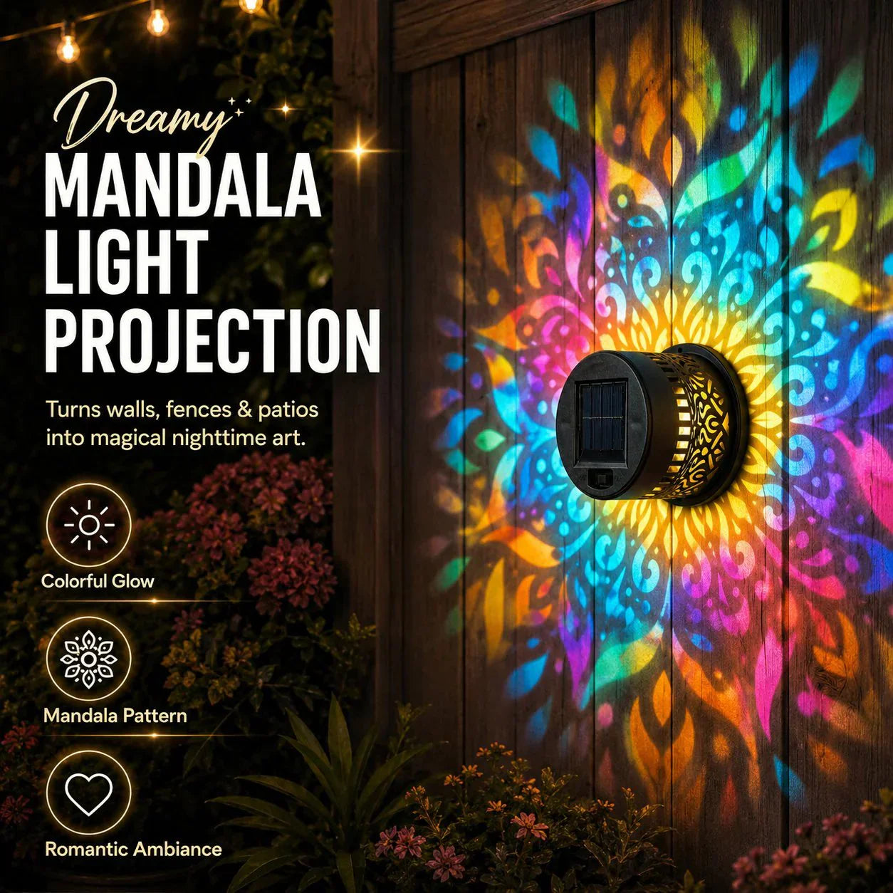 🌞 Buy 1 Get 1 FREE! Solar Mandala Wall Light – Outdoor Garden Projector Lamp for Patio & Fence ✨