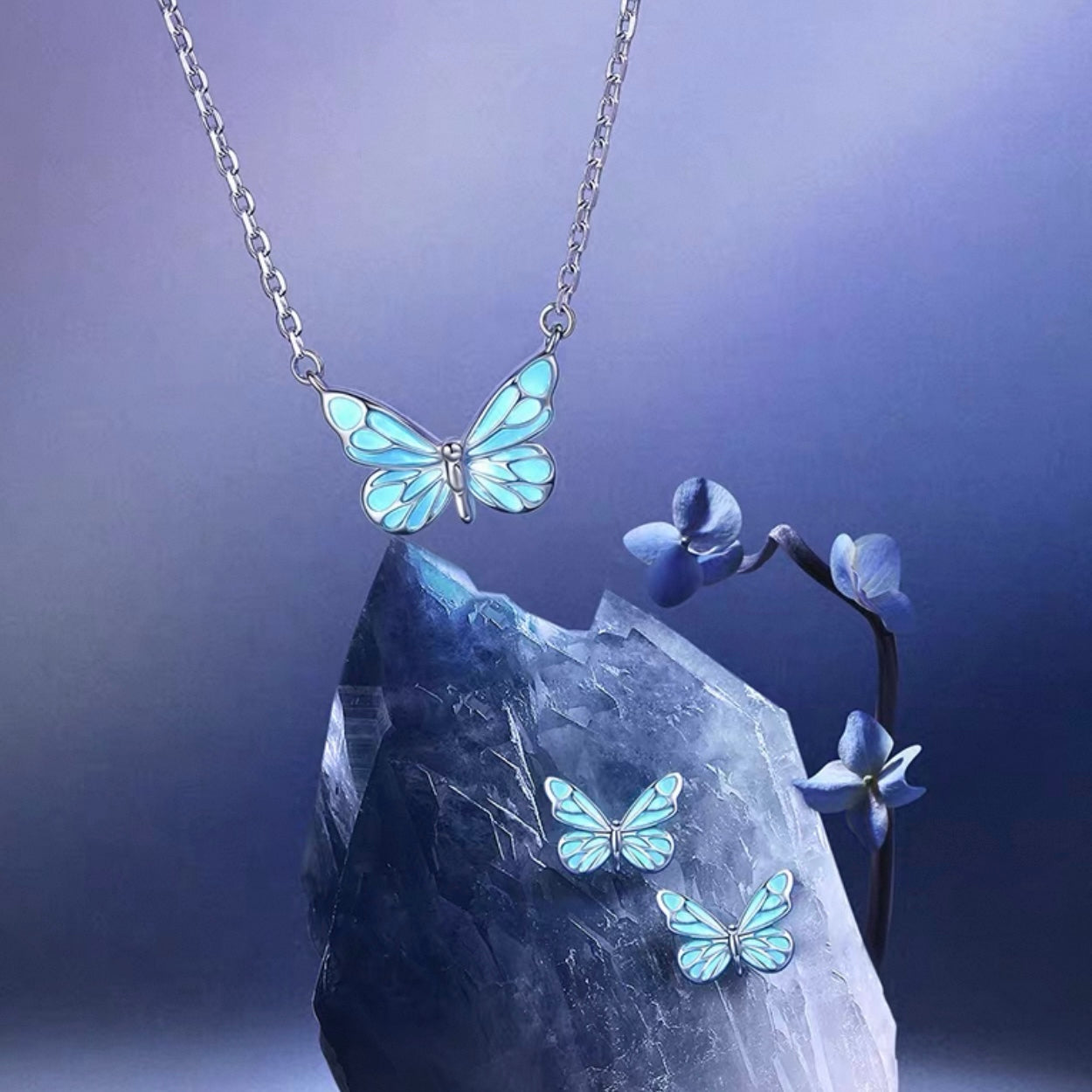 Luminous Dream Blue Butterfly Bracelet and Necklace