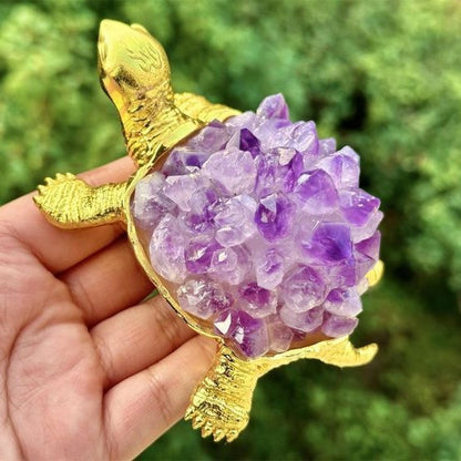 Handmade Amethyst Turtle Figurine, Black Metal Sculpture, Spiritual Decor