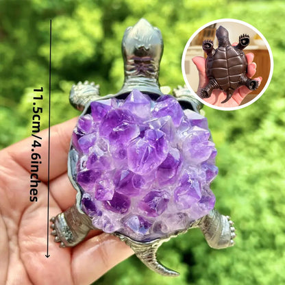 Handmade Amethyst Turtle Figurine, Black Metal Sculpture, Spiritual Decor