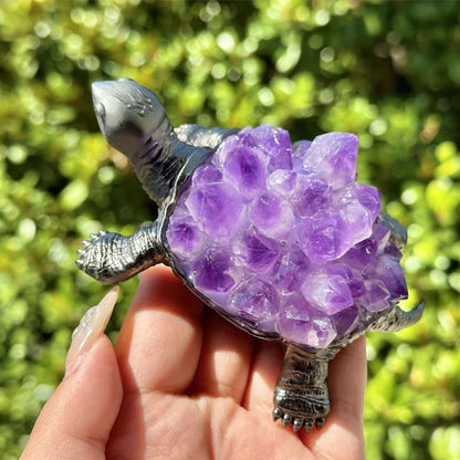 Handmade Amethyst Turtle Figurine, Black Metal Sculpture, Spiritual Decor