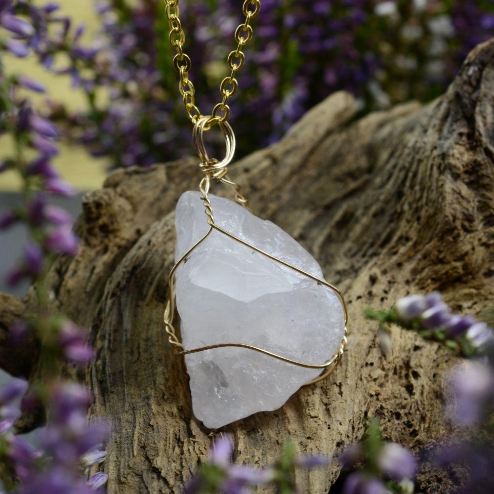 Raw Rose Quartz Golden Wire Necklace