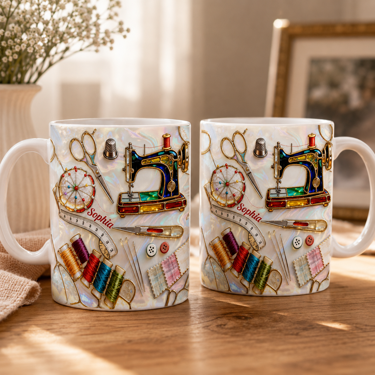 Love Sewing Stained Glass Mug – Personalized Gift for Sewing Lovers