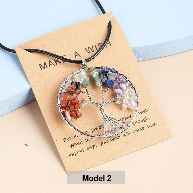 Change Better 7 Chakras Tree Of Life Pendant Necklace Gold Color Wisdom Natural Crystal Chip Beads Reiki Healing Jewelry Gift