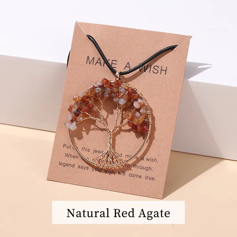 Change Better 7 Chakras Tree Of Life Pendant Necklace Gold Color Wisdom Natural Crystal Chip Beads Reiki Healing Jewelry Gift