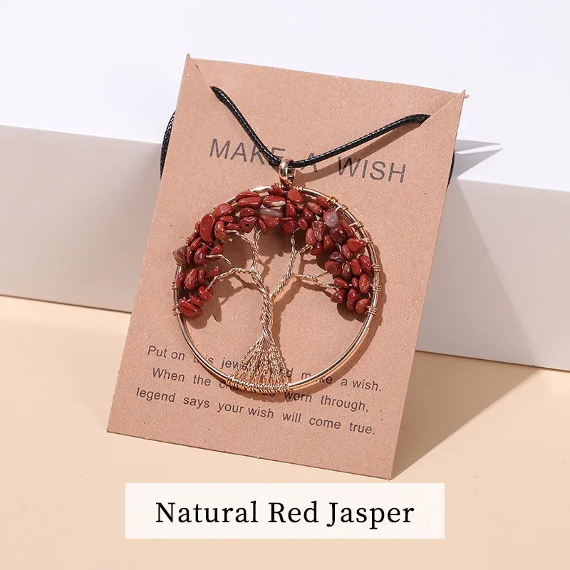 Change Better 7 Chakras Tree Of Life Pendant Necklace Gold Color Wisdom Natural Crystal Chip Beads Reiki Healing Jewelry Gift