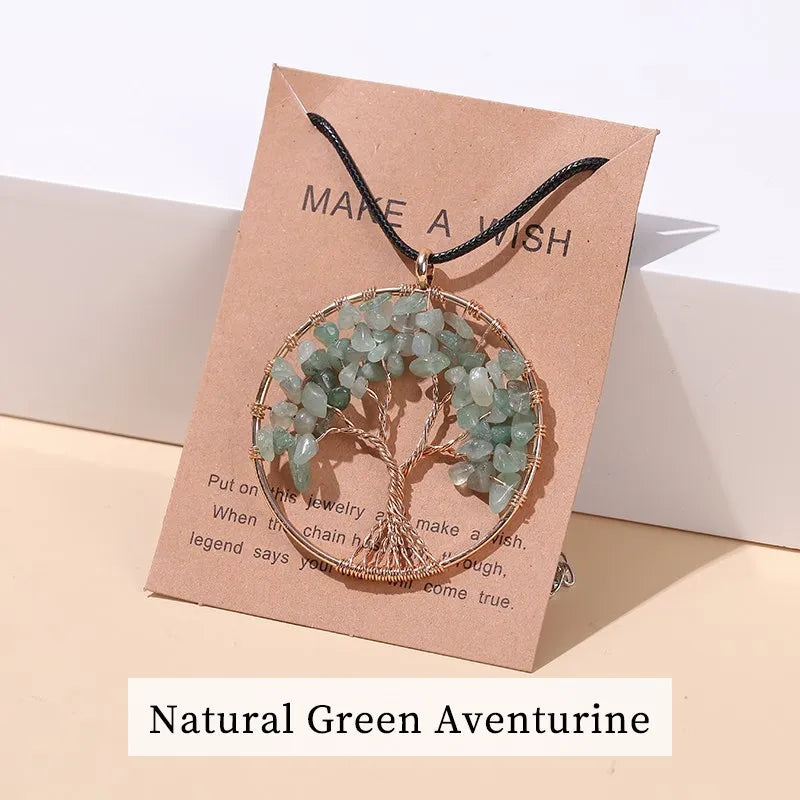 Change Better 7 Chakras Tree Of Life Pendant Necklace Gold Color Wisdom Natural Crystal Chip Beads Reiki Healing Jewelry Gift