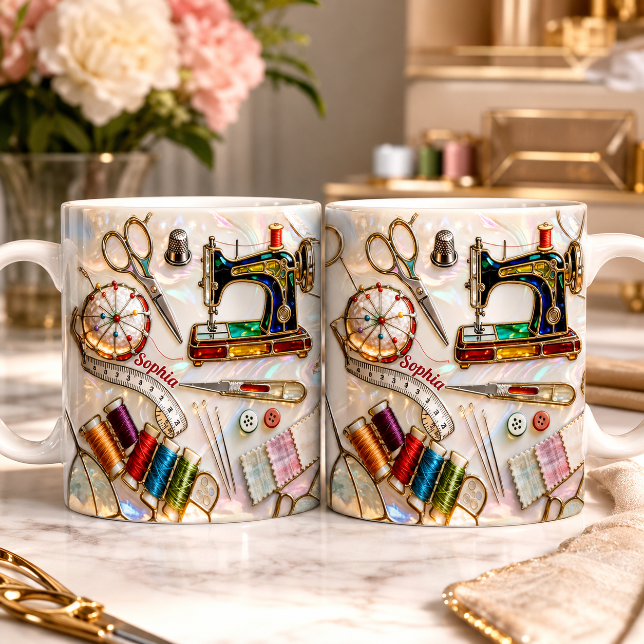 Love Sewing Stained Glass Mug – Personalized Gift for Sewing Lovers