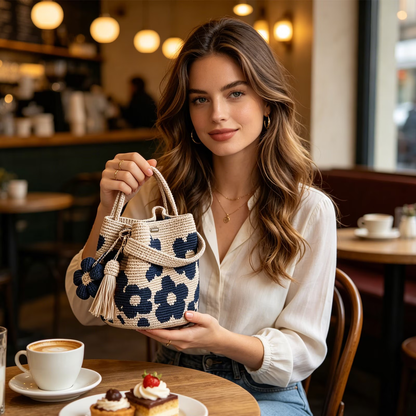 Handmade Woven Handbags with Flower Charm, Crochet Bucket Bag for Women, Casual Knit Shoulder Purse for Daily Use, Travel, Beach