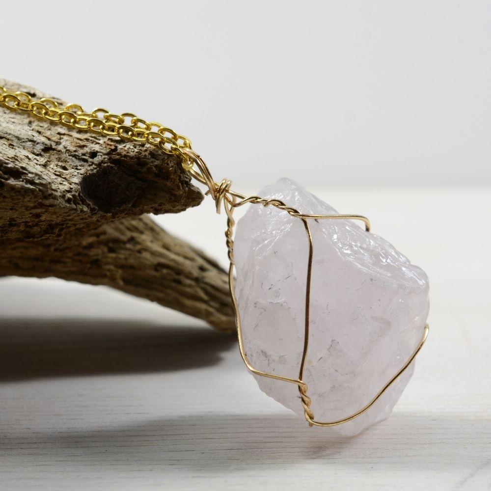 Raw Rose Quartz Golden Wire Necklace
