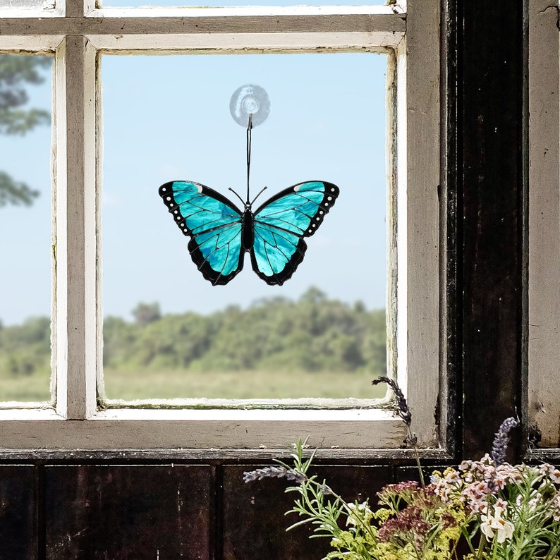 Peleides blue morpho butterfly suncatcher, stained glass window hangings, unique Mother's Day gift, gift for mom, handmade home decor