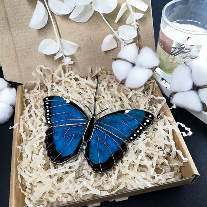 Peleides blue morpho butterfly suncatcher, stained glass window hangings, unique Mother's Day gift, gift for mom, handmade home decor