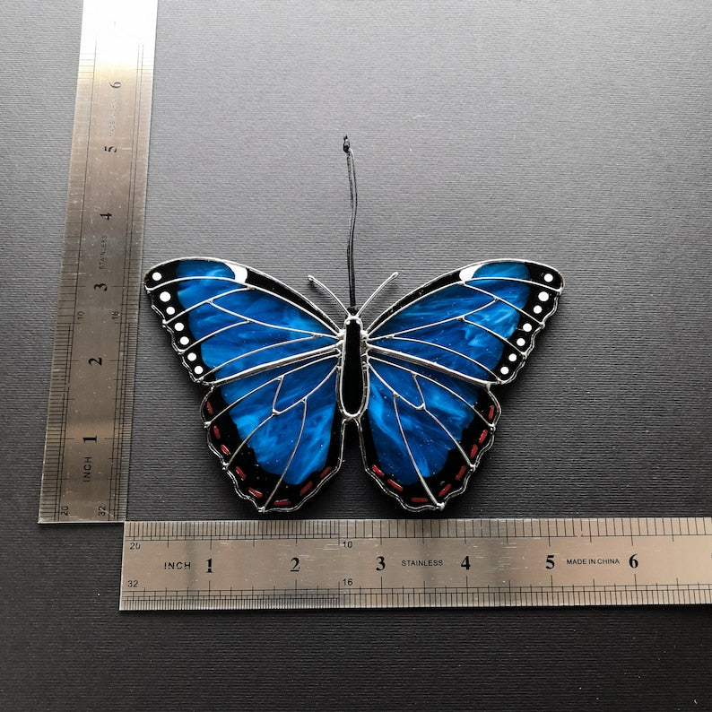Peleides blue morpho butterfly suncatcher, stained glass window hangings, unique Mother's Day gift, gift for mom, handmade home decor