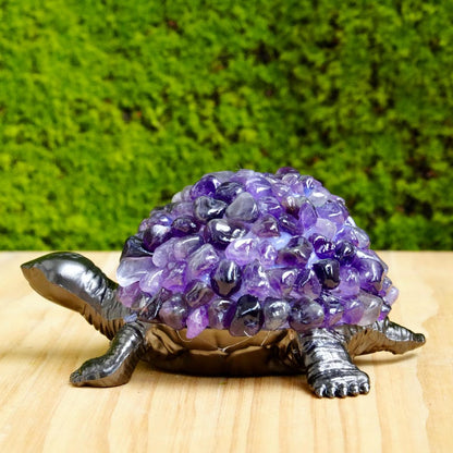 Handmade Amethyst Turtle Figurine, Black Metal Sculpture, Spiritual Decor