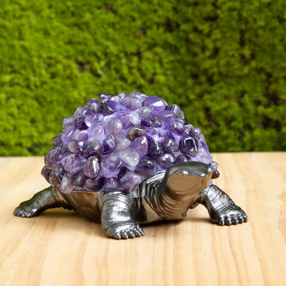 Handmade Amethyst Turtle Figurine, Black Metal Sculpture, Spiritual Decor