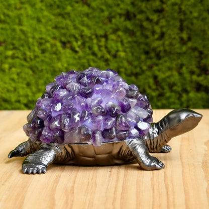 Handmade Amethyst Turtle Figurine, Black Metal Sculpture, Spiritual Decor