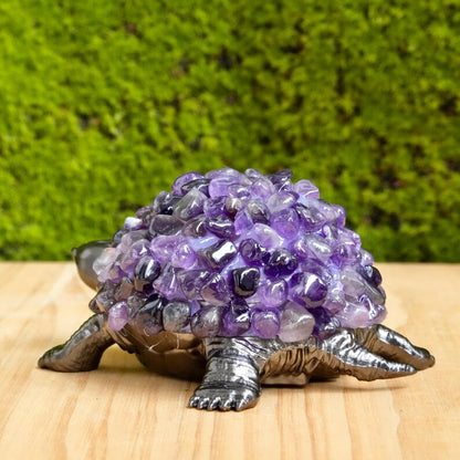 Handmade Amethyst Turtle Figurine, Black Metal Sculpture, Spiritual Decor