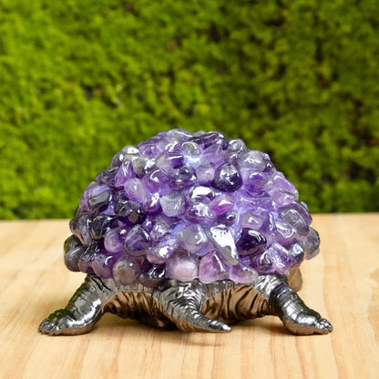 Handmade Amethyst Turtle Figurine, Black Metal Sculpture, Spiritual Decor