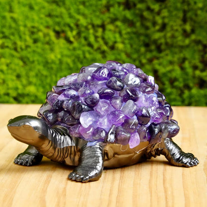 Handmade Amethyst Turtle Figurine, Black Metal Sculpture, Spiritual Decor