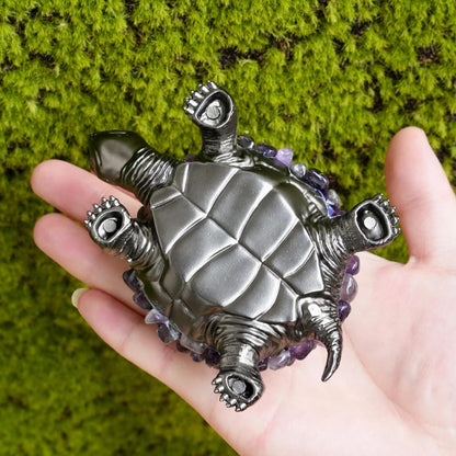 Handmade Amethyst Turtle Figurine, Black Metal Sculpture, Spiritual Decor