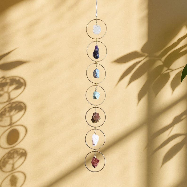 7 Chakra Crystal Hanging, Christmas Gift, Boho Home Decor, Seven Chakra Suncatcher, Meditation Wall Hanging, Natural Gemstones