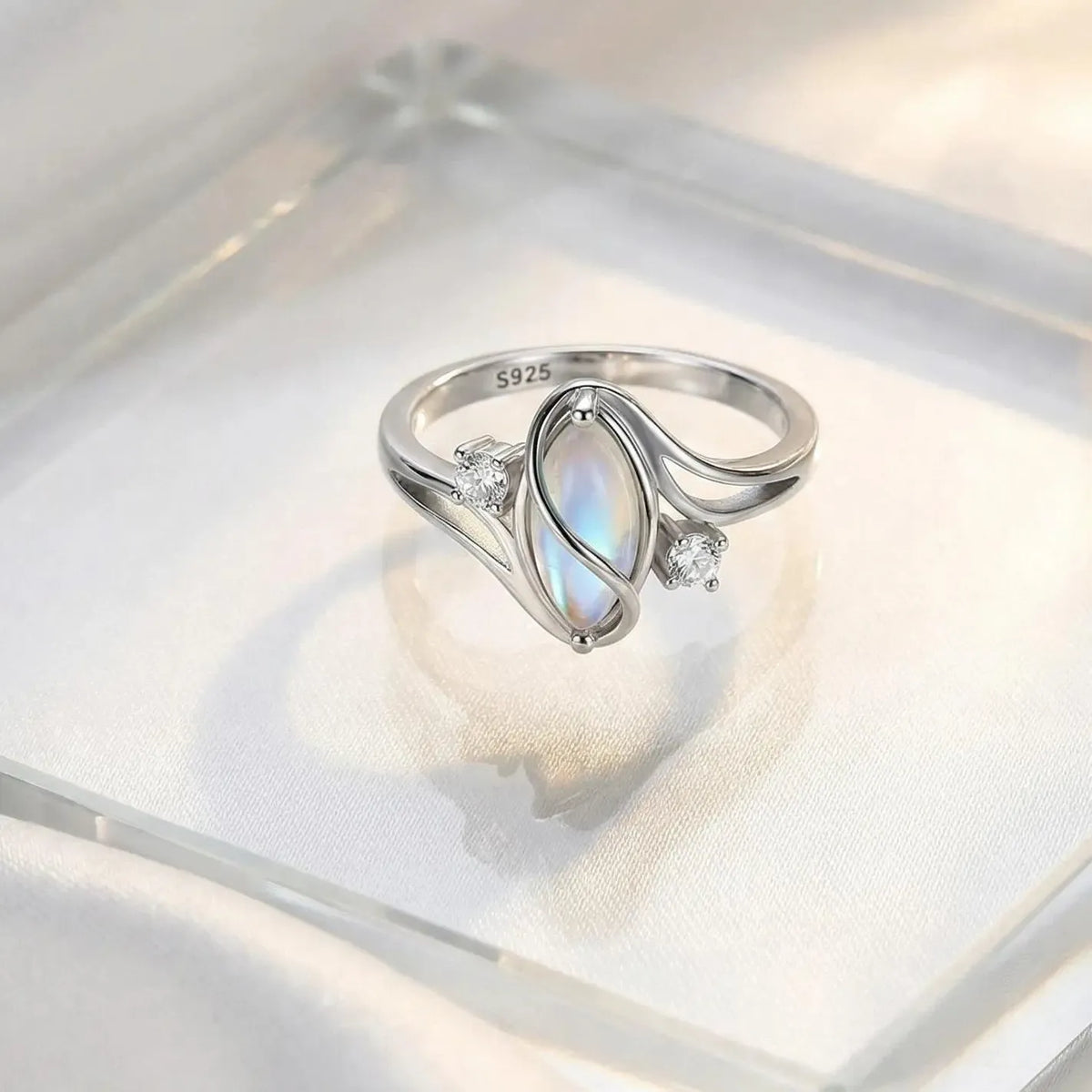 Marquise Cut Moonstone Sterling Silver Romantic 3-Stone Engagement Ring