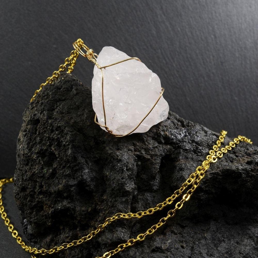 Raw Rose Quartz Golden Wire Necklace