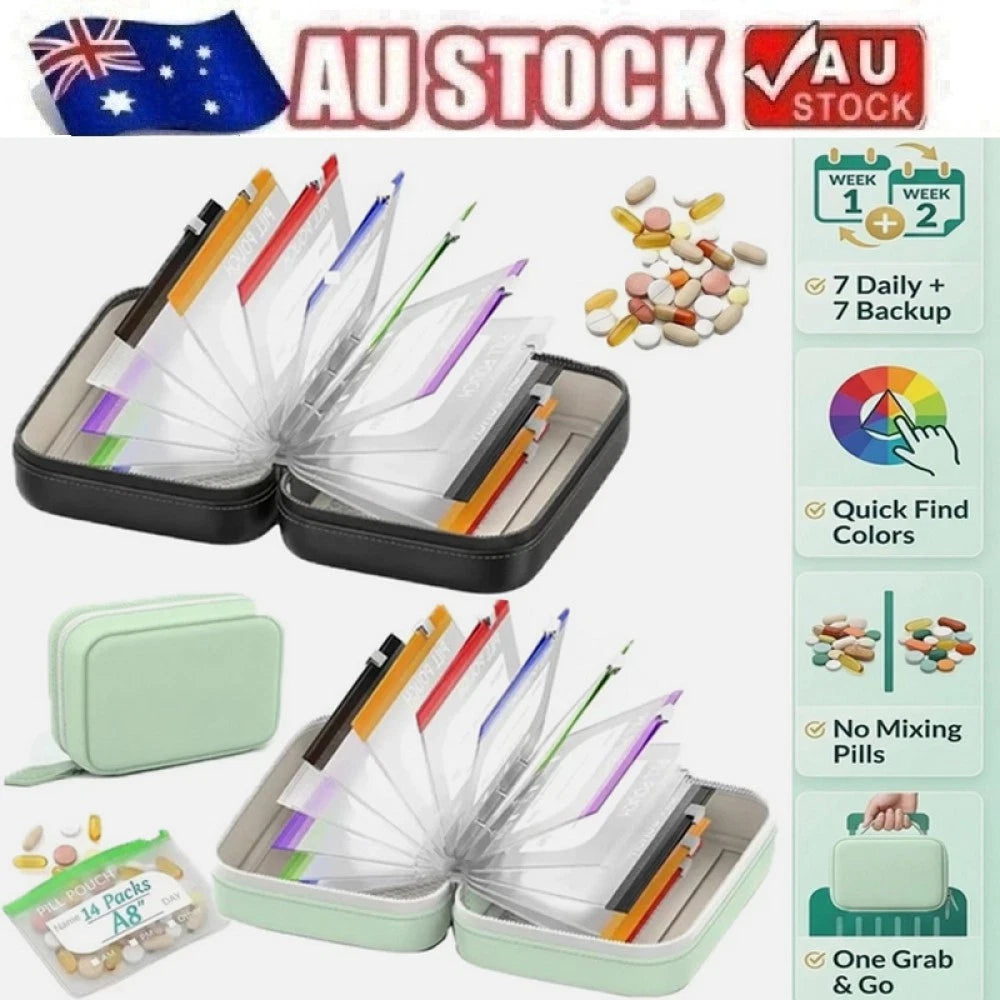 Waterproof Pill Pouch Set, A8 Waterproof Pill Pouch with 14 Color-Coded Bags AU