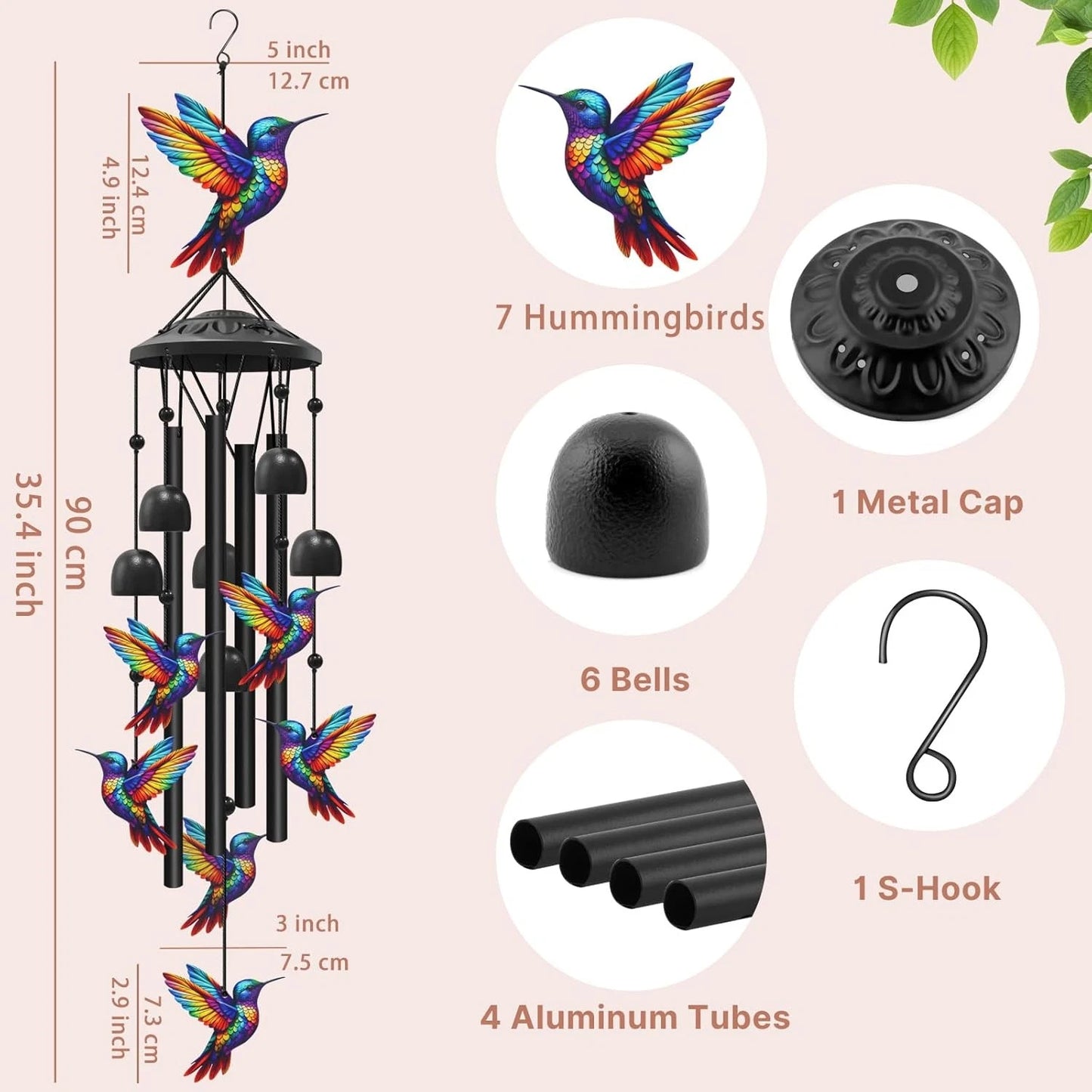 Hummingbird Wind Chimes for Outdoor Garden Decor Colorful Aluminum Tubes Hanging