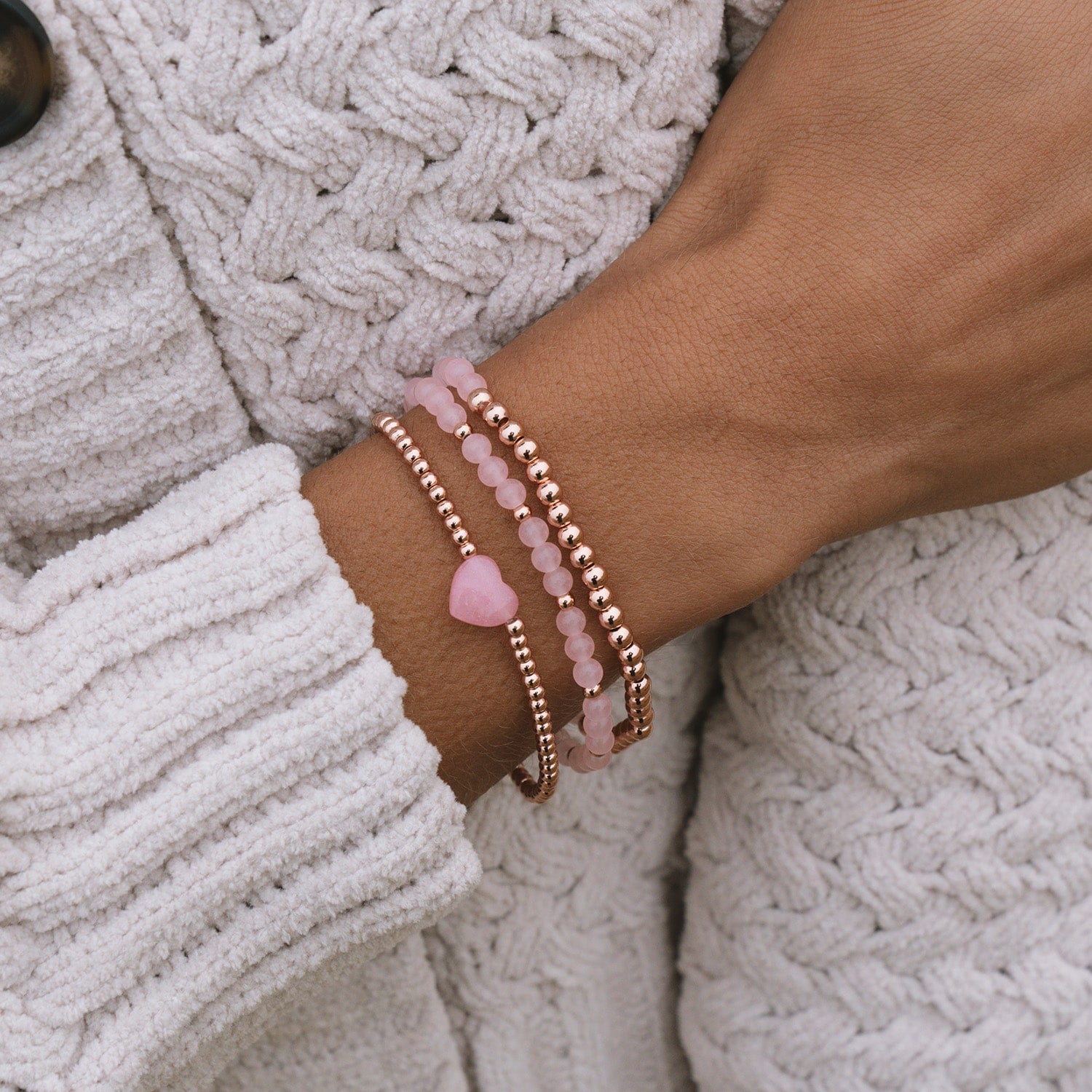 Rose Quartz Heart Stretch Bracelet Set